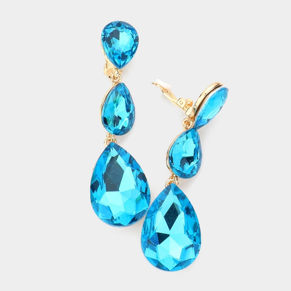 Aqua Dangle Crystal Clip On Earrings 3 Inch Triple Tear Drop ClipOns Jewelry